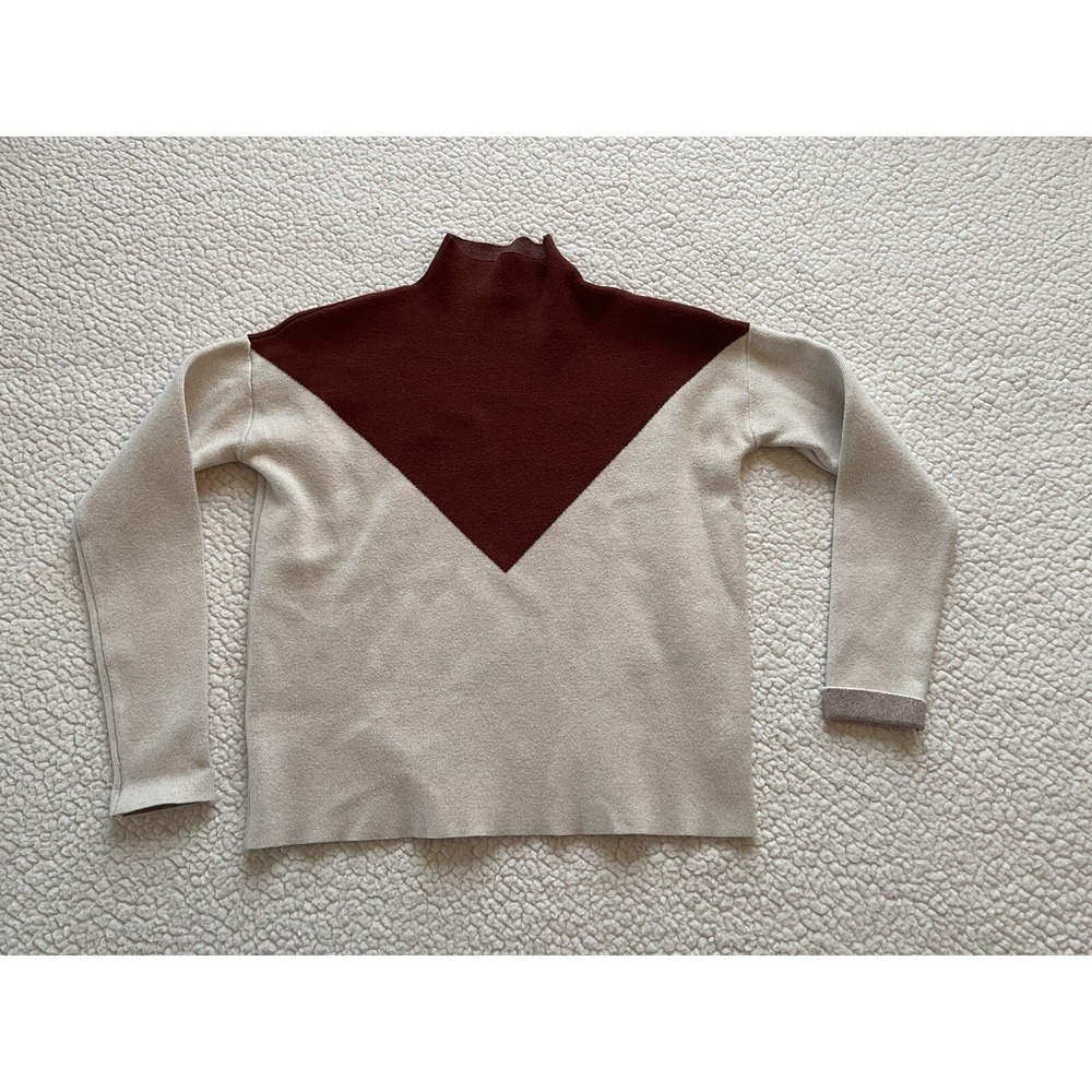 Cynthia Rowley Womens XS Colorblock Mock Neck Sweater Burgundy Beige Knit Top